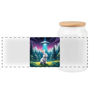 Hase mit UFO - Panorama Keksdose mit Holzdeckel - Weiß - Vorne