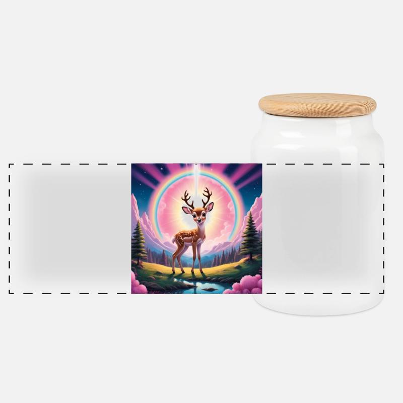 Deer with rainbow - Panoramic Cookie Jar with Wooden Lid - white