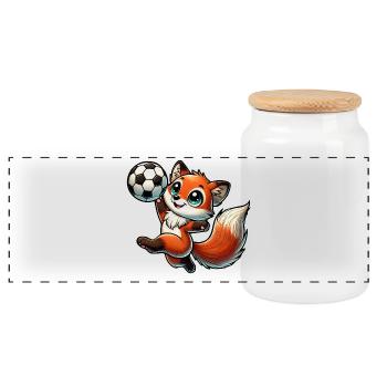 fröhlicher Fuchs, der mit einem Fußball spielt - Panorama Keksdose mit Holzdeckel - Weiß - Vorne