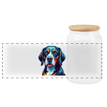 Serbian Tricolored Hound Dog Breed Cartoon Kawaii - Panoramic Cookie Jar with Wooden Lid - white - Front