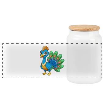 Peacock Cute Mascot Cartoon Character Kawaii - Panoramic Cookie Jar with Wooden Lid - white - Front