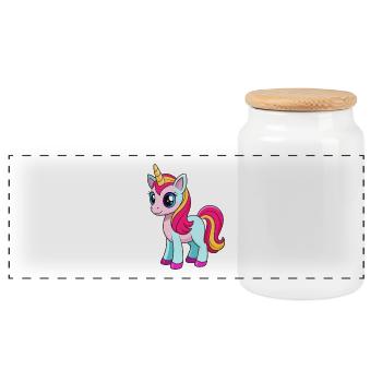 Unicorn Cute Mascot Cartoon Character Kawaii - Panoramic Cookie Jar with Wooden Lid - white - Front
