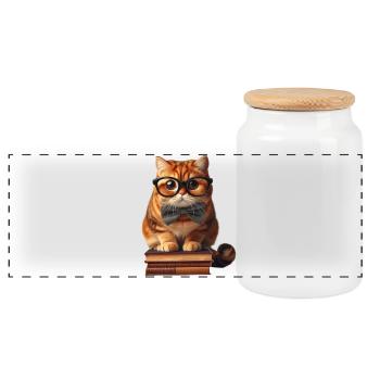 Witzige Katze mit Brille auf Bücherstapel - Panorama Keksdose mit Holzdeckel - Weiß - Vorne