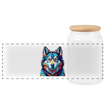 East Siberian Laika Dog Breed Cartoon Kawaii - Panoramic Cookie Jar with Wooden Lid - white - Front