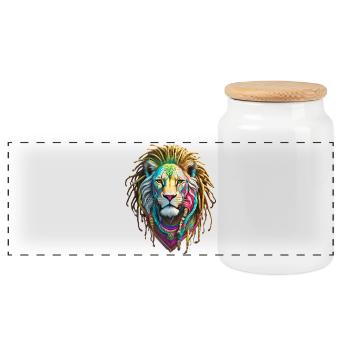 Colorful Afro Lion and Artistic Dreadlocks - Panoramic Cookie Jar with Wooden Lid - white - Front