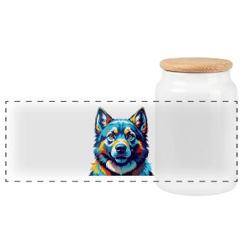 Norwegian Elkhound Dog Breed Cartoon Kawaii - Panoramic Cookie Jar with Wooden Lid - white - Front