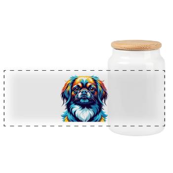 Race de chien pékinois Dessin animé coloré Kawaii - Boîte à biscuits avec couvercle en bois - blanc - Devant