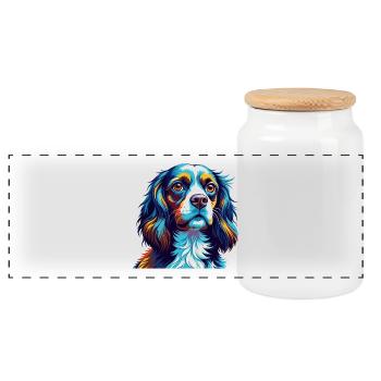 Saint Usuge Spaniel Dog Breed Cartoon Kawaii - Panoramic Cookie Jar with Wooden Lid - white - Front