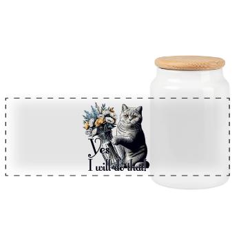 BKH British Shorthair Cat Vase Topple Over Gift - Panoramic Cookie Jar with Wooden Lid - white - Front