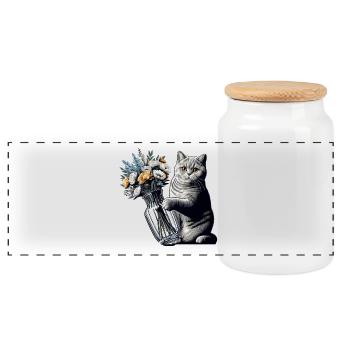 BKH British Shorthair Cat Vase Topple Over Gift - Panoramic Cookie Jar with Wooden Lid - white - Front