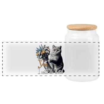 BKH British Shorthair Cat Vase Topple Over Gift - Panoramic Cookie Jar with Wooden Lid - white - Front