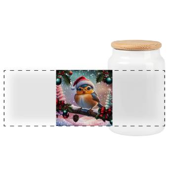 Mignon oiseau de Noël assis sur une branche couverte - Boîte à biscuits avec couvercle en bois - blanc - Devant
