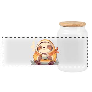 Sloth Illustration With His Cup Of Coffee - Panoramic Cookie Jar with Wooden Lid - white - Front