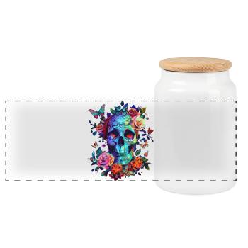 Totenkopf mit Blumen und Schmetterling - Panorama Keksdose mit Holzdeckel - Weiß - Vorne