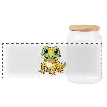 Gecko Niedliche Zeichentrickfigur Kawaii Clipart - Panorama Keksdose mit Holzdeckel - Weiß - Vorne