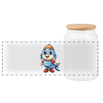 Herring Cute Cartoon Character Kawaii Clipart - Panoramic Cookie Jar with Wooden Lid - white - Front