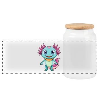 Axolotl Niedliche Zeichentrickfigur Kawaii Clipart - Panorama Keksdose mit Holzdeckel - Weiß - Vorne