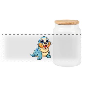 Seal Cute Cartoon Character Kawaii Clipart - Panoramic Cookie Jar with Wooden Lid - white - Front