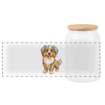 Australian Shepherd Dog Cartoon Kawaii Clipart - Panoramic Cookie Jar with Wooden Lid - white - Front
