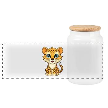 Cheetah Cute Cartoon Character Kawaii Clipart - Panoramic Cookie Jar with Wooden Lid - white - Front