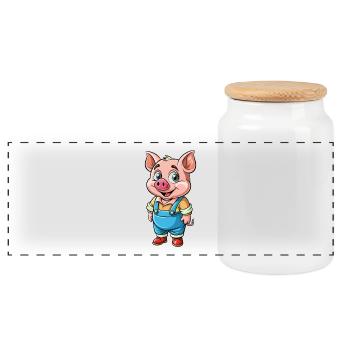 Pig Cute Cartoon Character Kawaii Clipart - Panoramic Cookie Jar with Wooden Lid - white - Front