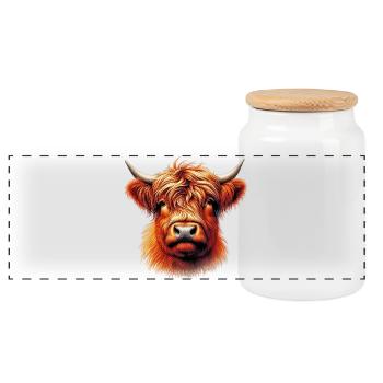 Scottish Highland Cow - Panoramic Cookie Jar with Wooden Lid - white - Front