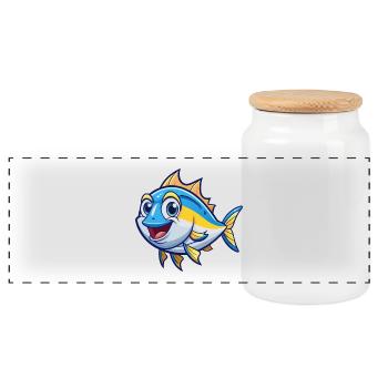 Tuna Cute Cartoon Character Kawaii Clipart - Panoramic Cookie Jar with Wooden Lid - white - Front