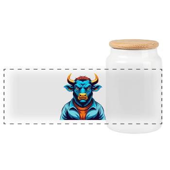 Bull Colorful Kawaii Cartoon Character Clipart - Panoramic Cookie Jar with Wooden Lid - white - Front