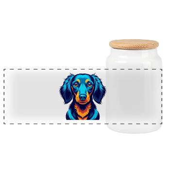Dackel Hund Bunte Kawaii Zeichentrickfigur - Panorama Keksdose mit Holzdeckel - Weiß - Vorne