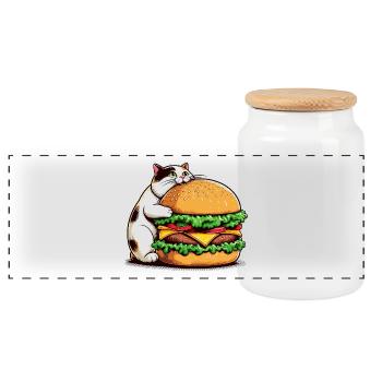 Chat gourmand et hamburger - Boîte à biscuits avec couvercle en bois - blanc - Devant