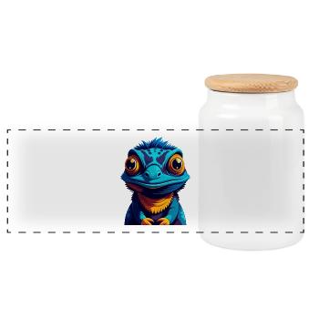 Caméléon coloré Kawaii personnage de dessin animé animal de compagnie - Boîte à biscuits avec couvercle en bois - blanc - Devant