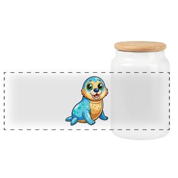 Seal Cute Cartoon Character Kawaii Clipart - Panoramic Cookie Jar with Wooden Lid - white - Front