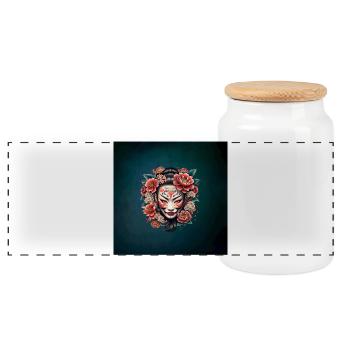 Japanese mask decorated with flowers. - Panoramic Cookie Jar with Wooden Lid - white - Front