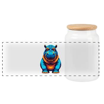 Hippo Colorful Kawaii Cartoon Character Clipart - Panoramic Cookie Jar with Wooden Lid - white - Front