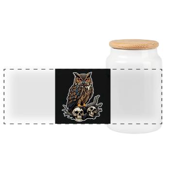 Owl sitting on sculls - Panoramic Cookie Jar with Wooden Lid - white - Front