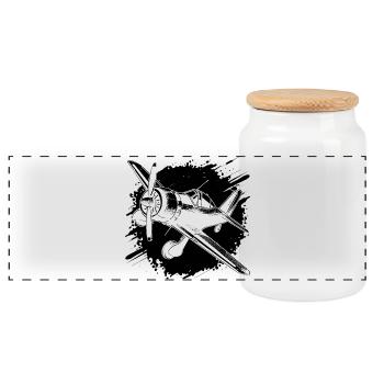 Propeller Airplane Sketch - Panoramic Cookie Jar with Wooden Lid - white - Front
