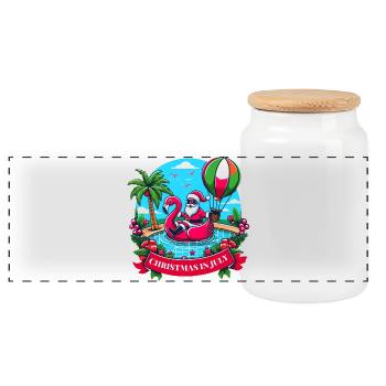 Feiern Sie Weihnachten im Juli mit dem Weihnachtsmann und dem Flamingo! - Panorama Keksdose mit Holzdeckel - Weiß - Vorne