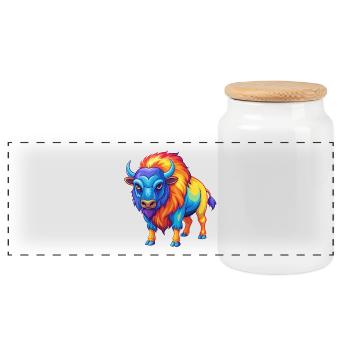 Buffalo Colorful Kawaii Cartoon Character Clipart - Panoramic Cookie Jar with Wooden Lid - white - Front