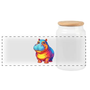 Hippo Colorful Kawaii Cartoon Character Clipart - Panoramic Cookie Jar with Wooden Lid - white - Front