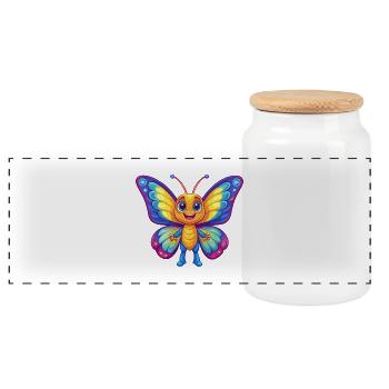 Butterfly Colorful Kawaii Cartoon Character Animal - Panoramic Cookie Jar with Wooden Lid - white - Front