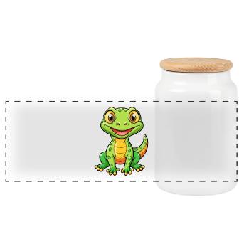 Lizard Cute Cartoon Character Kawaii Clipart - Panoramic Cookie Jar with Wooden Lid - white - Front