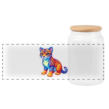 Ocelot Colorful Kawaii Cartoon Character Clipart - Panoramic Cookie Jar with Wooden Lid - white - Front