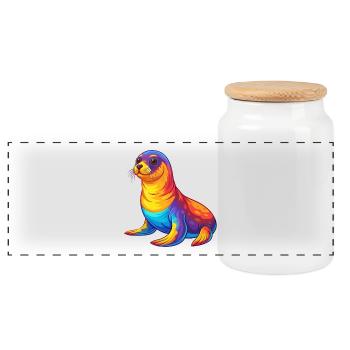Seal Colorful Kawaii Cartoon Character Clipart - Panoramic Cookie Jar with Wooden Lid - white - Front