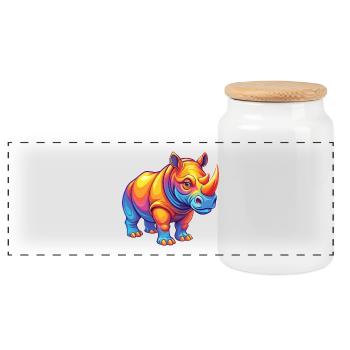 Rhino Colorful Kawaii Cartoon Character Clipart - Panoramic Cookie Jar with Wooden Lid - white - Front