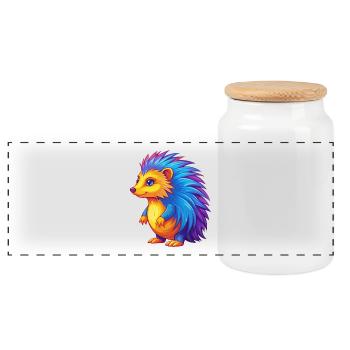 Porcupine Colorful Kawaii Cartoon Character Animal - Panoramic Cookie Jar with Wooden Lid - white - Front