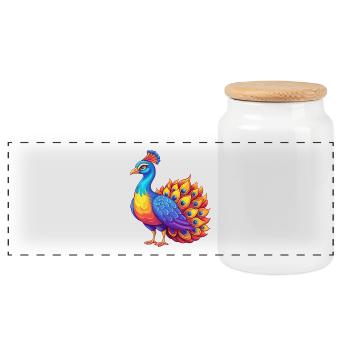 Peacock Colorful Kawaii Cartoon Character Clipart - Panoramic Cookie Jar with Wooden Lid - white - Front