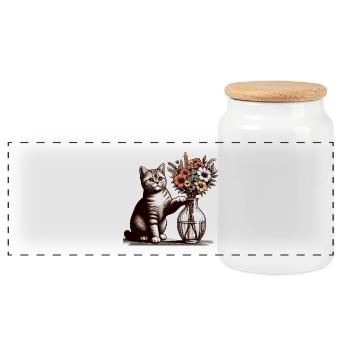 BKH British Shorthair Cat Vase Topple Over Gift - Panoramic Cookie Jar with Wooden Lid - white - Front