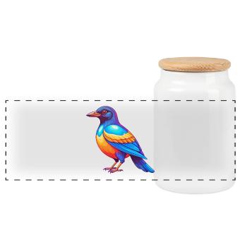 Pie coloré Kawaii Dessin animé Personnage Oiseau - Boîte à biscuits avec couvercle en bois - blanc - Devant