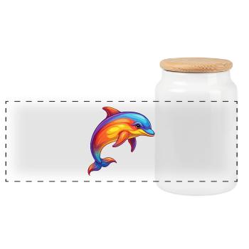 Common Dolphin Colorful Kawaii Cartoon Sea Animal - Panoramic Cookie Jar with Wooden Lid - white - Front
