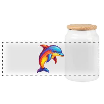 dauphin coloré kawaii dessin animé animal marin - Boîte à biscuits avec couvercle en bois - blanc - Devant